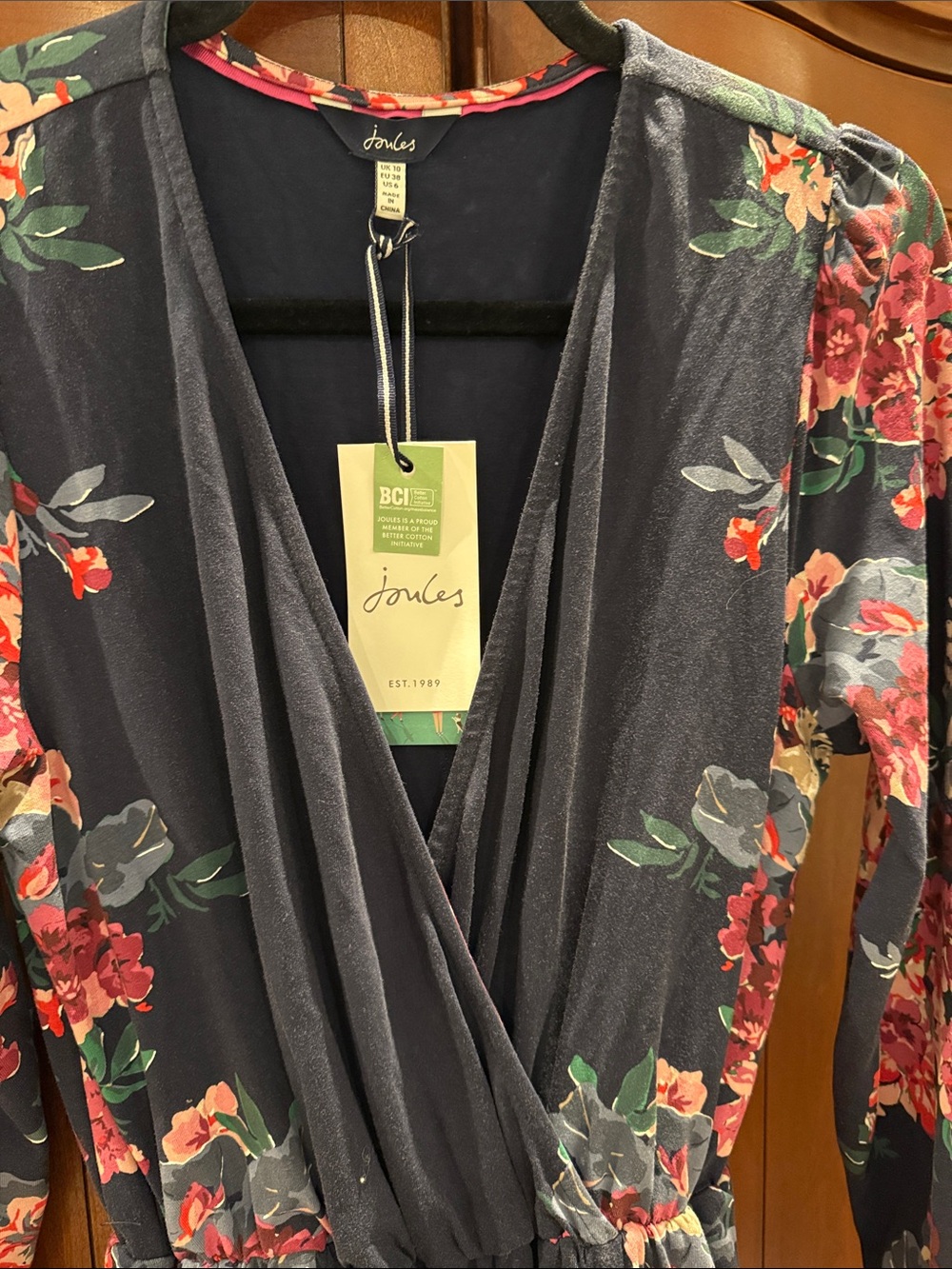 Joules Navy Floral Wrap Dress with Pink & Green Accents